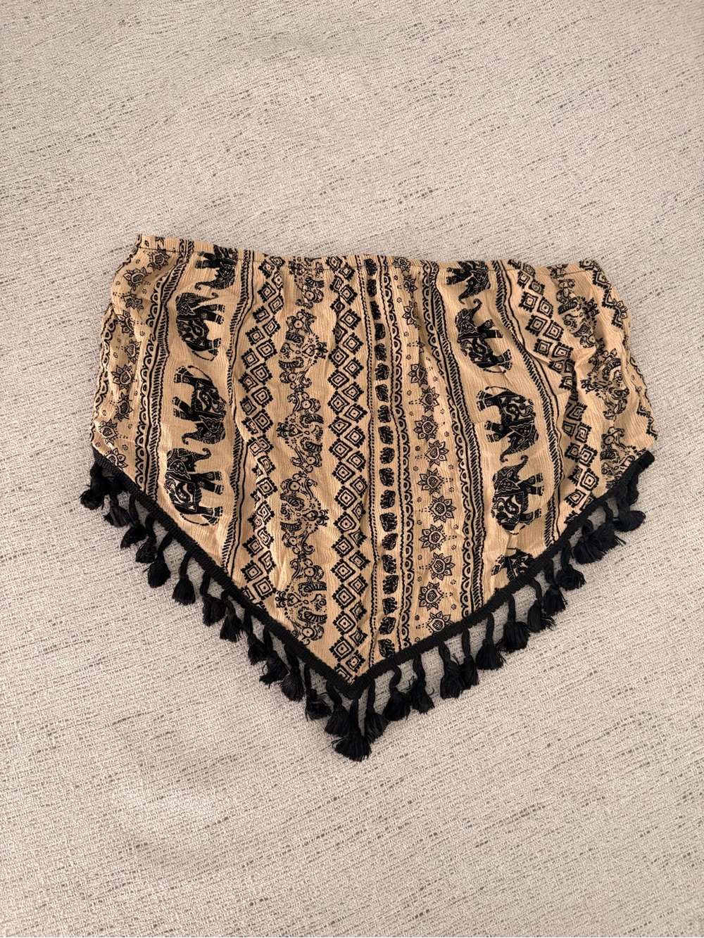 2010’s LA Hearts Beige and Black Boho Print Triangle Scarf with Tassel Edge
